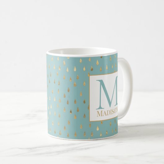 Light Green Gold Raindrop Modernes Trendmonogramm Kaffeetasse (VorderseiteRechts)