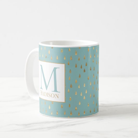 Light Green Gold Raindrop Modernes Trendmonogramm Kaffeetasse (Vorderseite Links)
