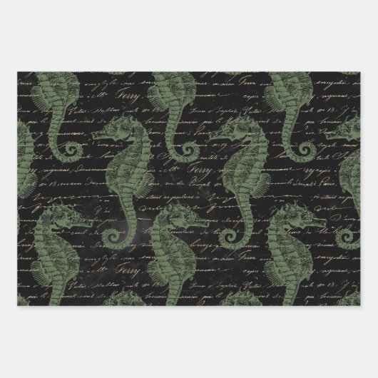 Light Green Seepferde auf Black Geschenkpapier Set (Vorderseite)