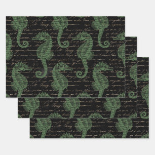 Light Green Seepferde auf Black Geschenkpapier Set