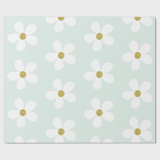 Light Green White Simple Daisy Gold Geschenkpapier (Flach)