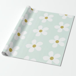 Light Green White Simple Daisy Gold Geschenkpapier
