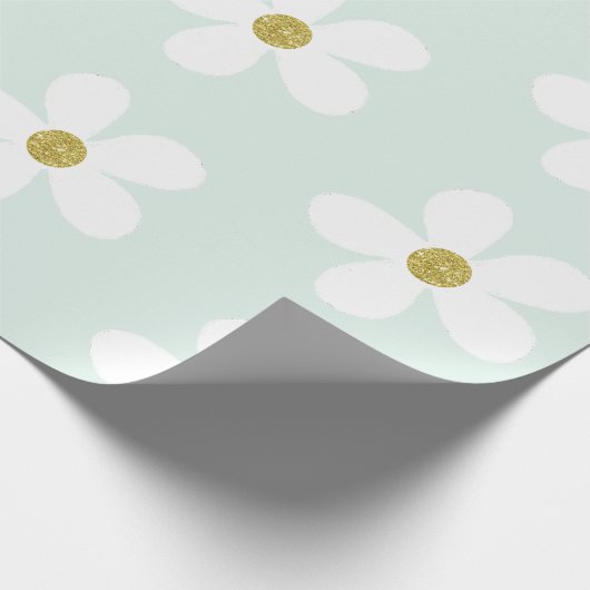 Light Green White Simple Daisy Gold Geschenkpapier (Ecke)