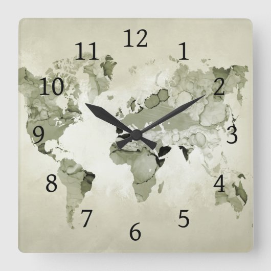 Light Green World Map Design 123 Quadratische Wanduhr (Vorderseite)