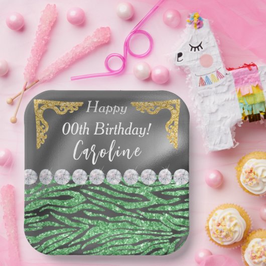 Light Green Zebra Print & Gold Silver Geburtstag Pappteller (Party)