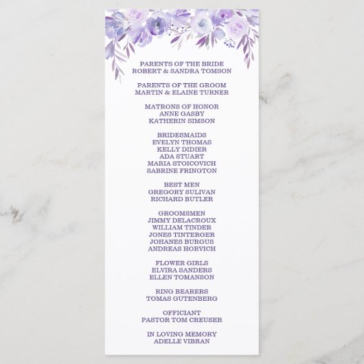 Light Lila Dusty Blue Floral Wedding Program Programm (Rückseite)