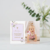 Light Lila Gold Blume Foto Girl Taufe Dankeskarte (Stehend Vorderseite)