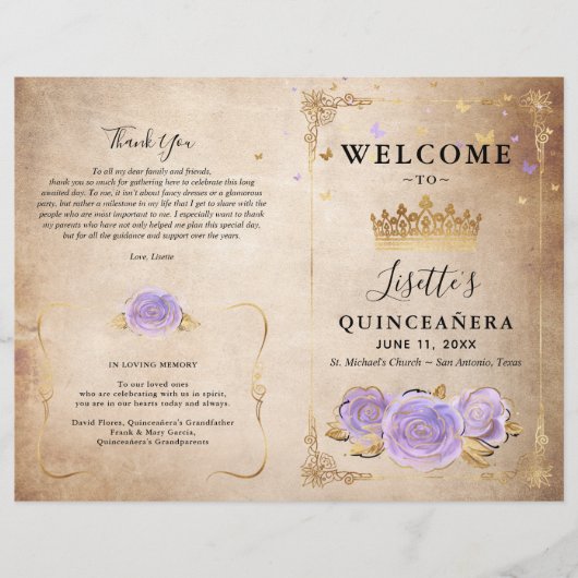 Light Lila Gold Parchment Quinceanera Programm (Vorderseite)