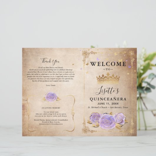 Light Lila Gold Parchment Quinceanera Programm (Stehend Vorderseite)