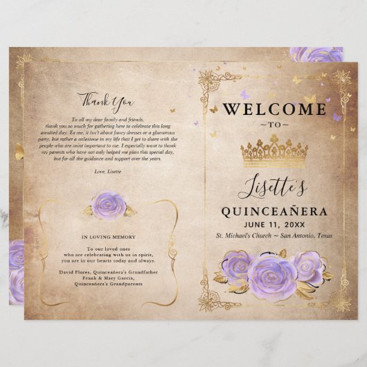 Light Lila Gold Parchment Quinceanera Programm (Vorne/Hinten)