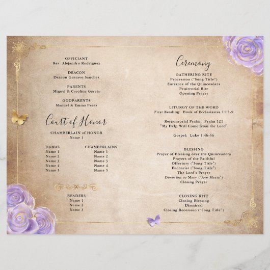 Light Lila Gold Parchment Quinceanera Programm (Rückseite)