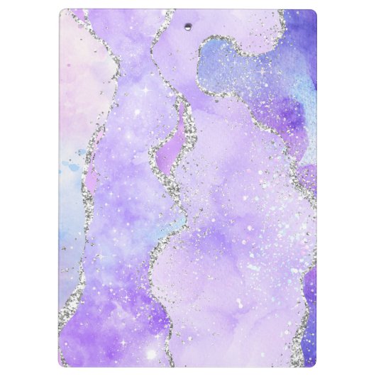 Light Lila & Silver Imitats Glitzer Agate Monogram Klemmbrett (Rückseite)