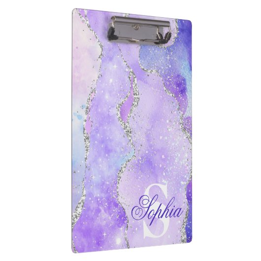 Light Lila & Silver Imitats Glitzer Agate Monogram Klemmbrett (Rechts)