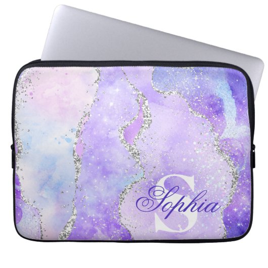 Light Lila & Silver Imitats Glitzer Agate Monogram Laptopschutzhülle (Vorderseite)