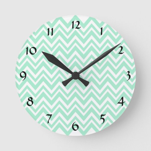 Light Minze Green und White Zigzag Muster Runde Wanduhr (Vorderseite)