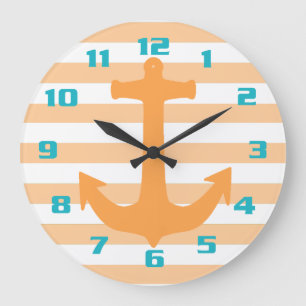 Light Orange Stripes and Anchor Teal Numbers Große Wanduhr