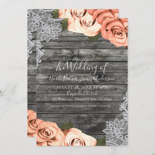 Light Peach Rose Grau Rustic Wood Lace Wedding Einladung (Vorne/Hinten)