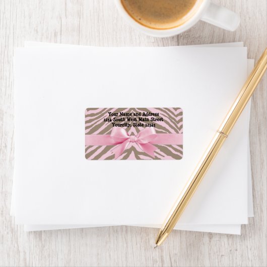 Light Pink and Brown Zebra w/Ribbon Bow Adressaufkleber (Insitu)