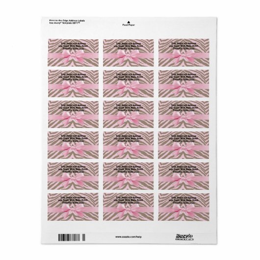 Light Pink and Brown Zebra w/Ribbon Bow Adressaufkleber (Vorne)