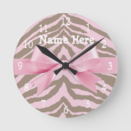 Light Pink and Brown Zebra w/Ribbon Bow Runde Wanduhr (Vorderseite)