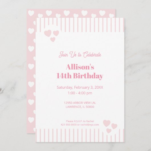 Light Pink and Hearts, Geburtstag, Dusche, Party Einladung (Vorne/Hinten)