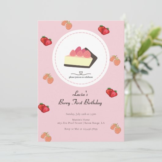 Light Pink Berry First Girl Einladung (Stehend Vorderseite)
