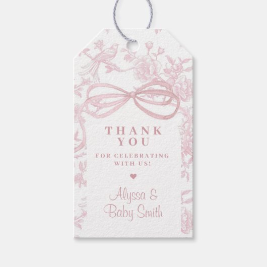 Light Pink Bow and Toile Baby Dusche Gefallen Geschenkanhänger (Vorderseite)