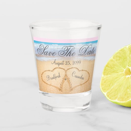 Light Pink Coastal Beach Hochzeit Save the Date Schnapsglas (Vorderseite)