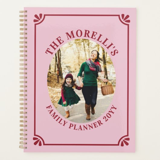 Light Pink & Crimson Oval Photo Family Planer (Vorderseite)