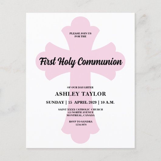Light Pink Cross First Holy Communion Einladung (Vorderseite)