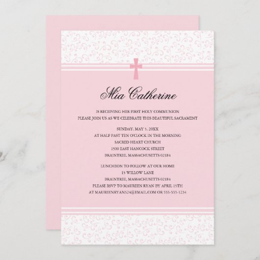 Light Pink Cross First Holy Communion Einladung (Vorne/Hinten)