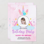 Light Pink Cute Unicorn Stars 4TH Birthday Einladung (Vorne/Hinten)