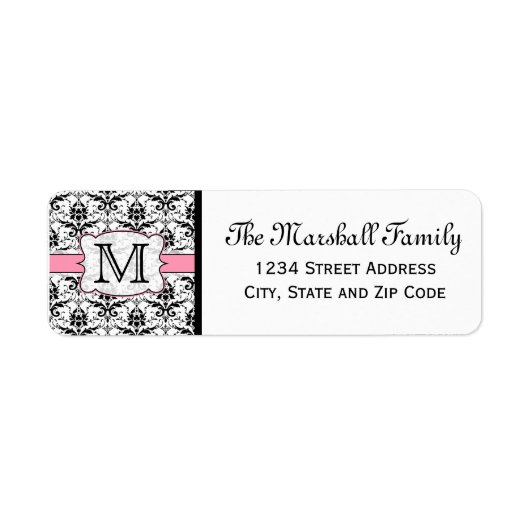 (Light Pink) Damask Monogram-Rücksendeadressen-Auf (Vorne)