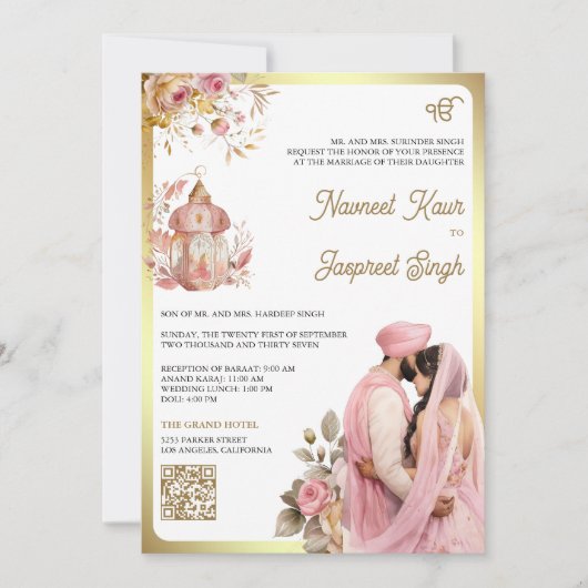 Light Pink Floral QR Code Anand Karaj Sikh Wedding Einladung (Vorderseite)