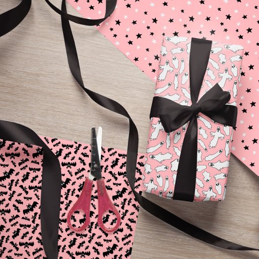 Light Pink Ghosts Bats Stars Halloween Patterns Geschenkpapier Set