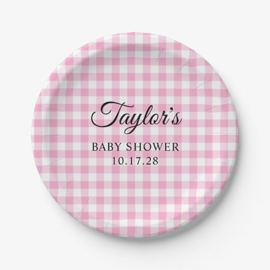 Light Pink Gingham Plaid Baby Shower Pappteller (Vorderseite)
