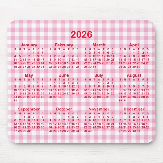 Light Pink Gingham Plaid Red 2026 Calendar Mousepad (Vorne)