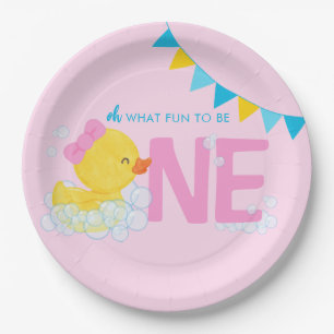 Light Pink Girl Watercolor Duck Eins 1. Geburtstag Pappteller
