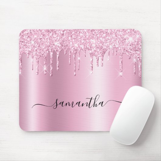 Light Pink Glitter Drips Shimmer Glam Name Mousepad (Mit Mouse)