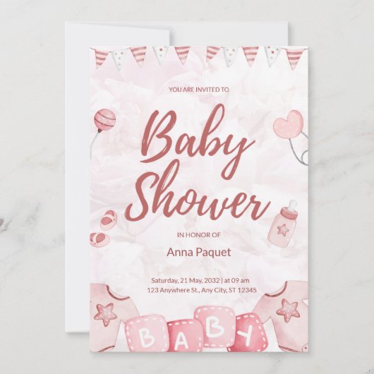 Light Pink Illustration Watercolor Childern Modern Einladung (Vorderseite)