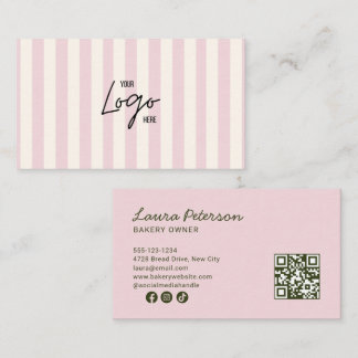 Light Pink & Ivory Stripes Bakery Logo QR Code Visitenkarte