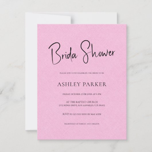 Light Pink Linen Einfaches Schwarzes Script Brautp Einladung (Vorderseite)