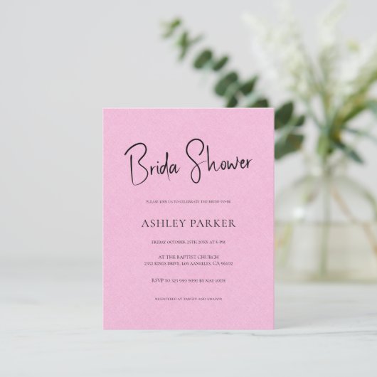 Light Pink Linen Einfaches Schwarzes Script Brautp Einladung (Stehend Vorderseite)