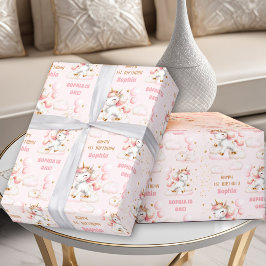Light Pink Niedlich Unicorn Girl 1. Geburtstagsnam Geschenkpapier