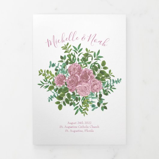 Light Pink Peony & Rose Floral WedPrograms Dreifach-gefaltete Programmkarte (Cover)