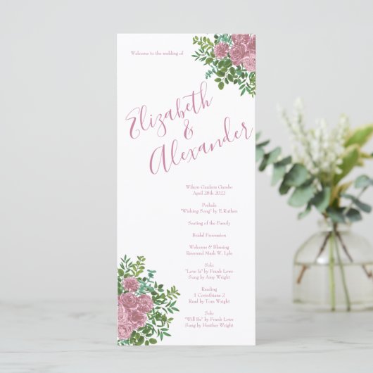 Light Pink Peony & Rose Floral WedPrograms Menükarte (Stehend Vorderseite)