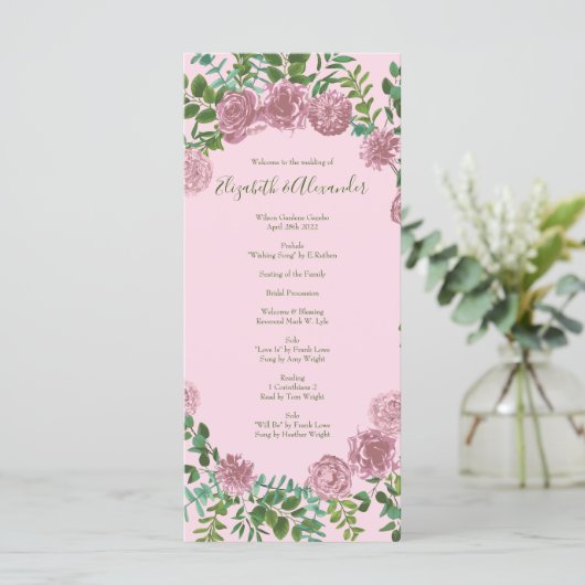 Light Pink Peony & Rose Floral WedPrograms Menükarte (Stehend Vorderseite)