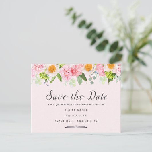 Light Pink Spring Quinceañera Save the Date Karte (Stehend Vorderseite)