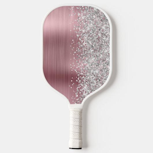 Light Pink und Glittery Silver Glam Script Name Pickleball Schläger (Rückseite)