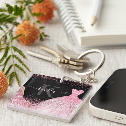 Light Pink Watercolor Glitzer Dress Monogram Schlüsselanhänger (Vorderseite rechts)